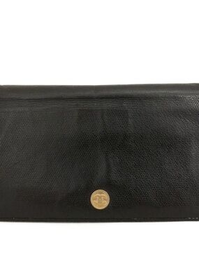 CHANEL Black Leather Envelope Clutch with Gold CC Medallion